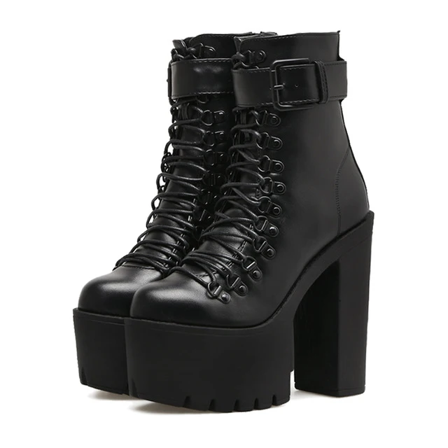 

Dropshipping Women Motorcycle Boots Women Leather Metal Buckle High Heels Shoes Zipper Black Woman Ankle Boots Lacing