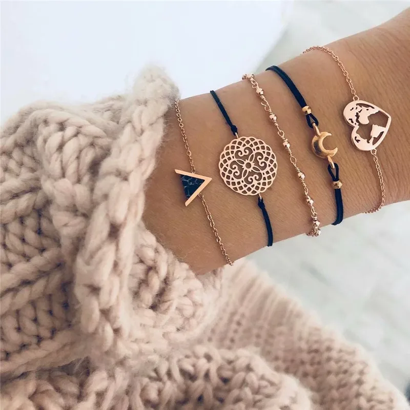 

5 Pcs/ Set Punk Heart Map Moon Beads Flower Triangle Chain Rope Gold Multilayer Bracelets Set Women Exquisite Clothing Jewelry