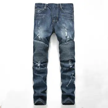 

HMILY Plus Size New Men's Jeans Wrinkle In Knee High Street Hole Pencil Pants Jeans Man's Casual Retro Elastic Slim Fit Jeans
