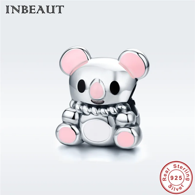 

fit Fashion Bracelet 925 Sterling Silver Cute Sit on Floor Baby Bear Charm Lovely Pink Ear&Feet Animal Beads Original Jewelry