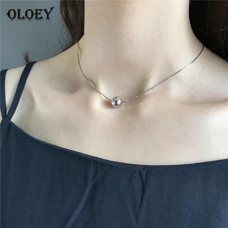 

OLOEY 925 Sterling Silver Round Bead Pendants Necklace for Women Korean 10mm Geometric Ball Necklaces Fine Party Jewelry YMN141