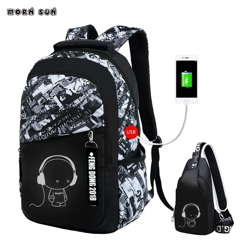boys black Luminous backpack letters large school bags for teenagers