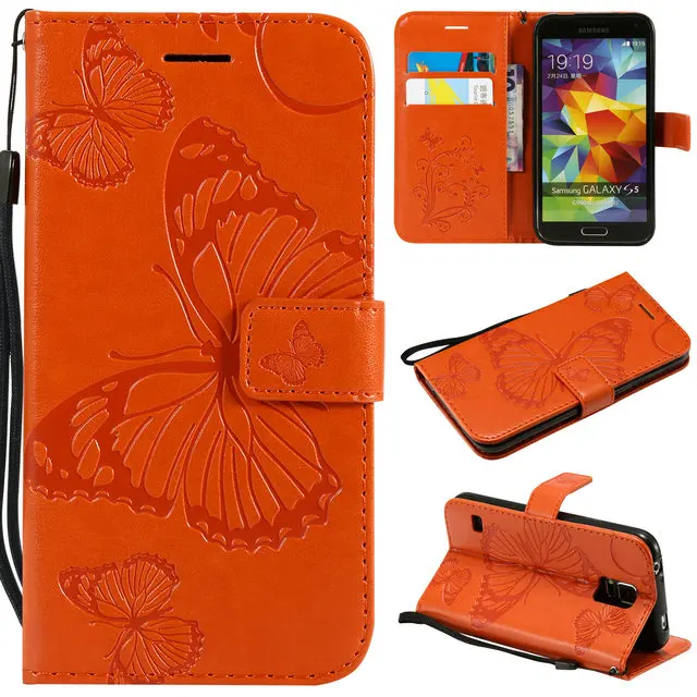 Бумажник держатель телефона для samsung Galaxy S5 случае 3D бабочка откидная крышка для Coque samsung S5 случаях 360 полный защитный galaxy S 5 - Цвет: Оранжевый