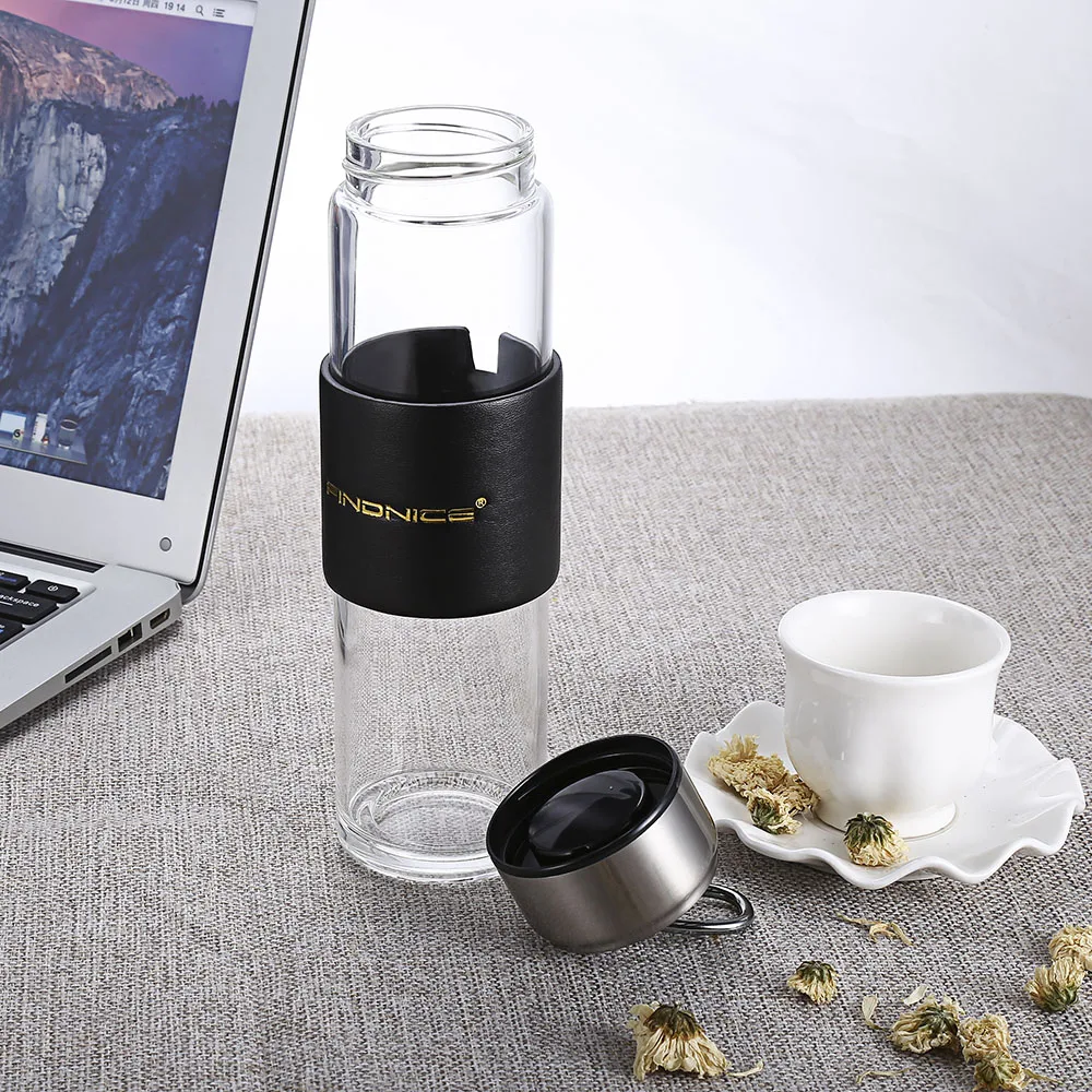 480ML Reusable Glass Water Bottle Black Insulation Tea Bottle With