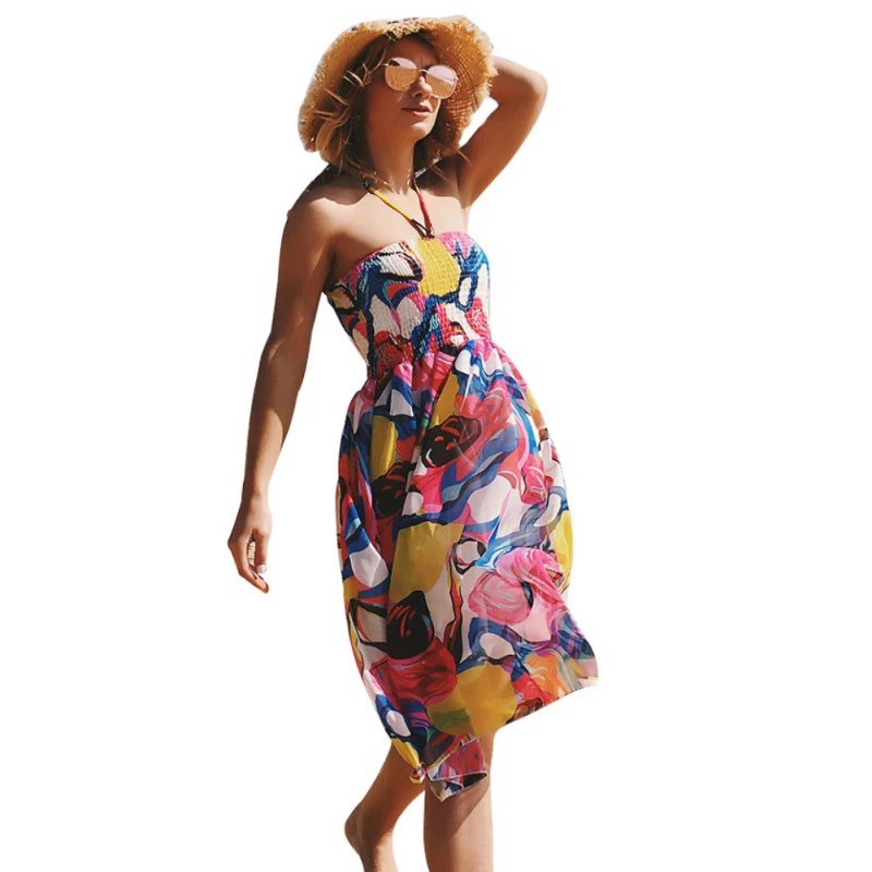 Summer Sexy Swimwear Women Print Floral Wrap Breasts Sexy Halter Beach Dresses Chiffon Swimsuit Bathing Suit Summer Sexy Swimwear Women Print Floral Wrap Breasts Sexy Halter Beach Dresses Chiffon Swimsuit Bathing Suit