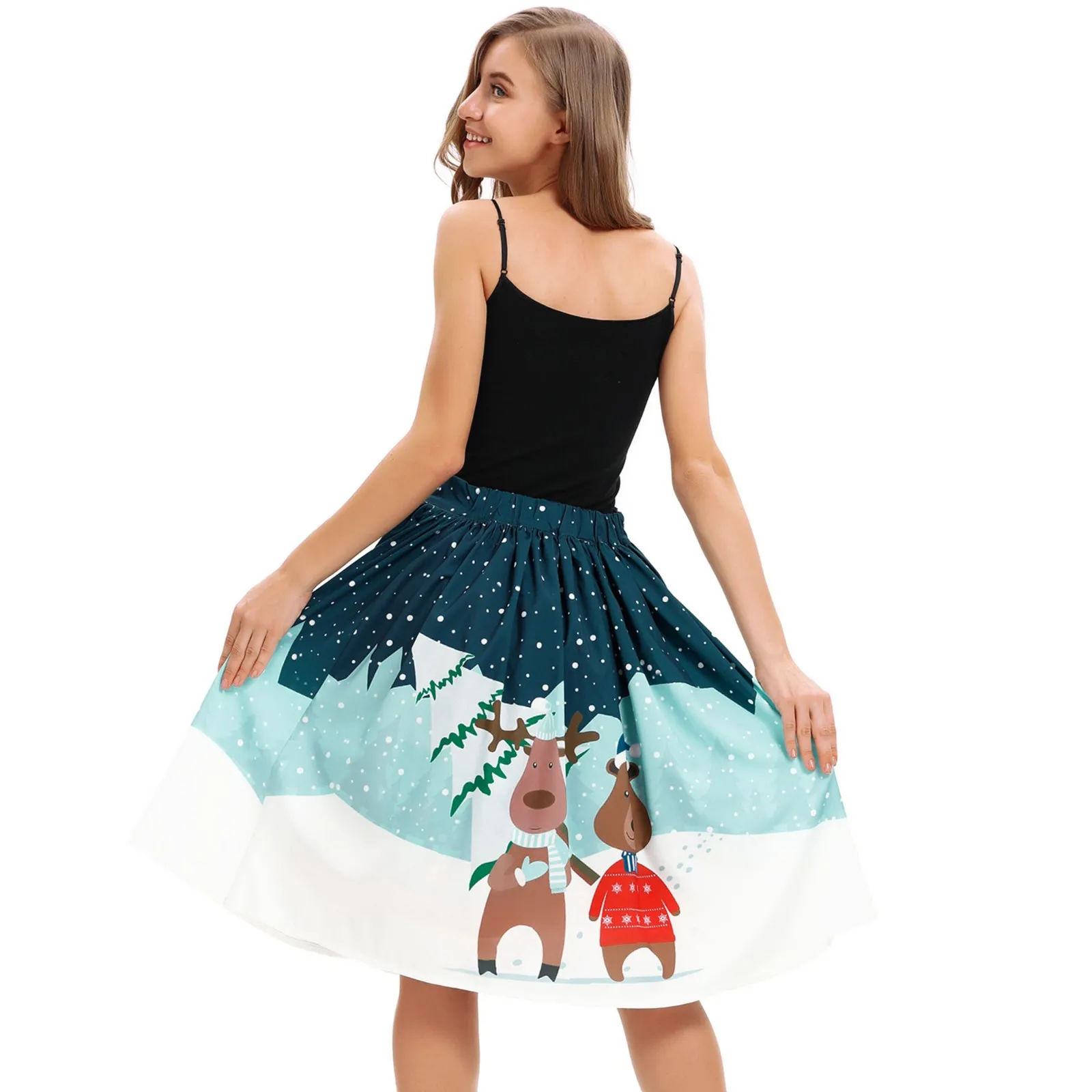 JAYCOSIN женская рубашка на каждый день Рождество Санта-Клаус с эластичной высокой талией Косплей многоцветный бальное платье с принтом длиной до колена юбка z1107