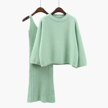 Свитер для женщин, вязанная юбка из двух частей, весна-осень, повседневный вязаный пуловер, женский свитер, модный Свободный Женский комплект из 2 предметов - Цвет: Mint Green