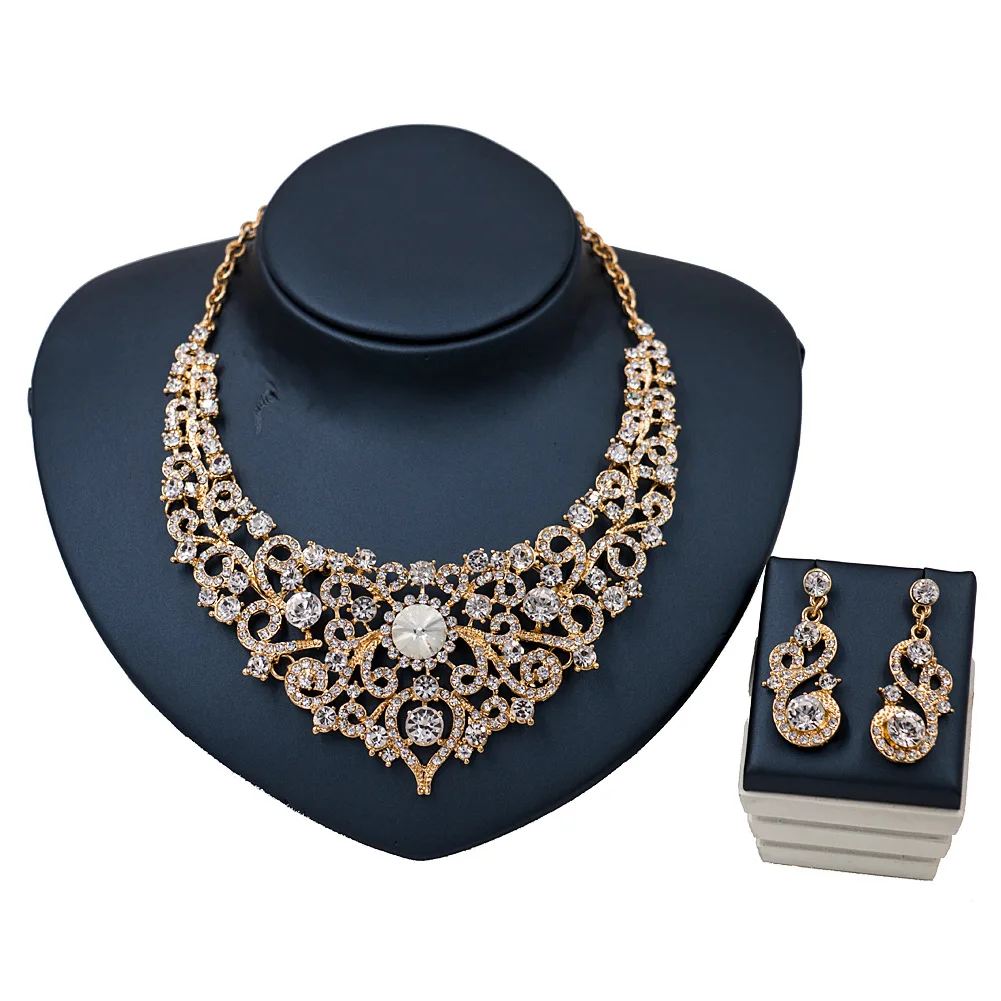 

Costume Jewelry Set African Nigerian Gold Rhinestone Necklace Set and Earring Jewellert Sets for Women Engagement Party Gift