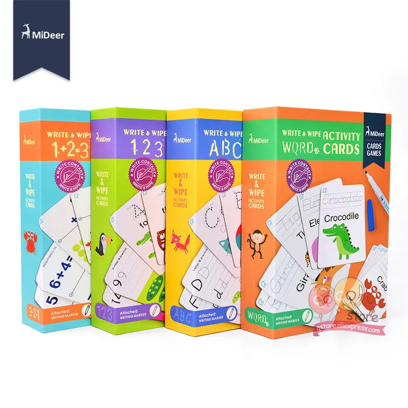 MiDeer Write and Wipe Off Alphabet Words Math Kids Activity Cards Game Early Learning English Educational Toys for Children Gift