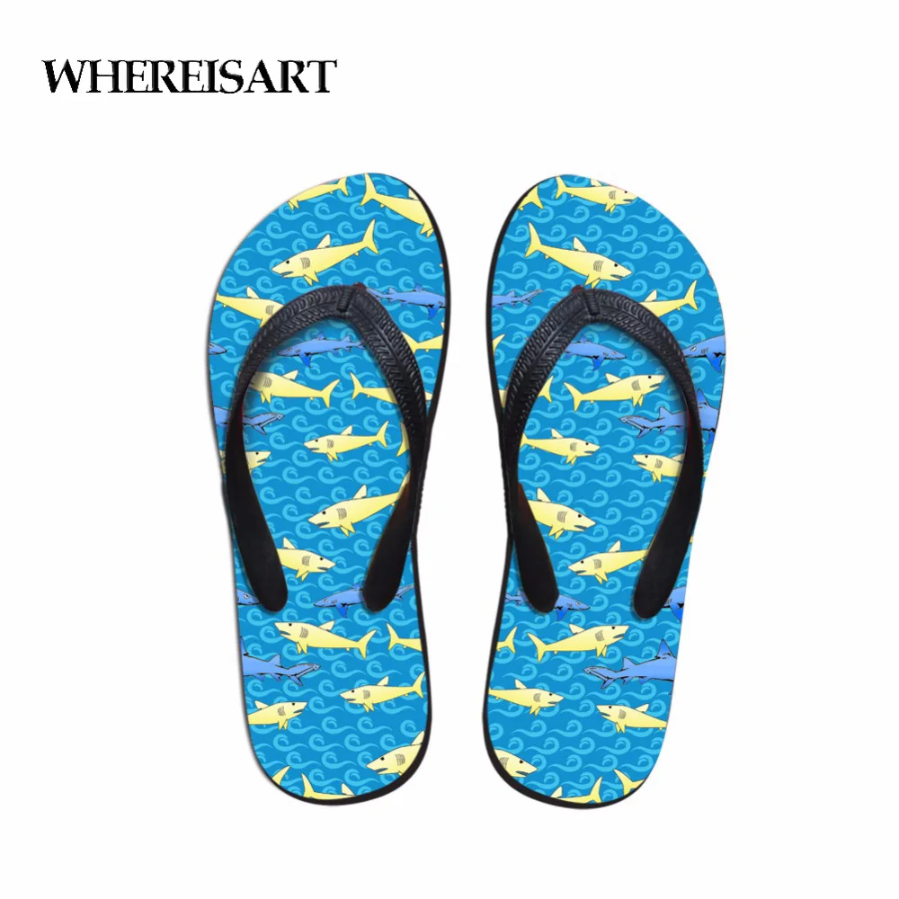

WHEREISART Women Summer Shark Dolphin Print Slippers Beach Flip Flops Ladies Fashion Flat Thong Sandals Non-slip Pool Slides
