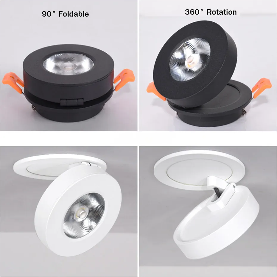 Lâmpada do Teto para Baixo Construído em Luz do Ponto Dobrável e 360 3 W e 5 W e 7 W e 12 w Slim Led Embutido Graus Rotatable Cob Recesso Downlight 6 dobrável e 360 graus rotatable construído em