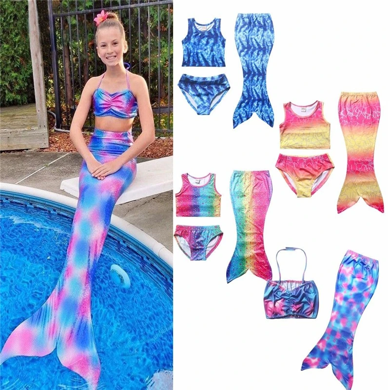 

3 Pcs Girls Rainbow Mermaid Tail Swimwear Bathing Suit Cosplay Costume Bikini Swimsuit Swimming Suits Swimmer Clothes