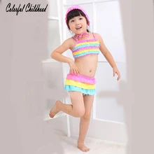 Купальник для девочки от 2 до 6 лет, радужные купальные костюмы для детей, 3 предмета, Пляжное купальное бикини, комплект для девочек, детские купальники, костюм