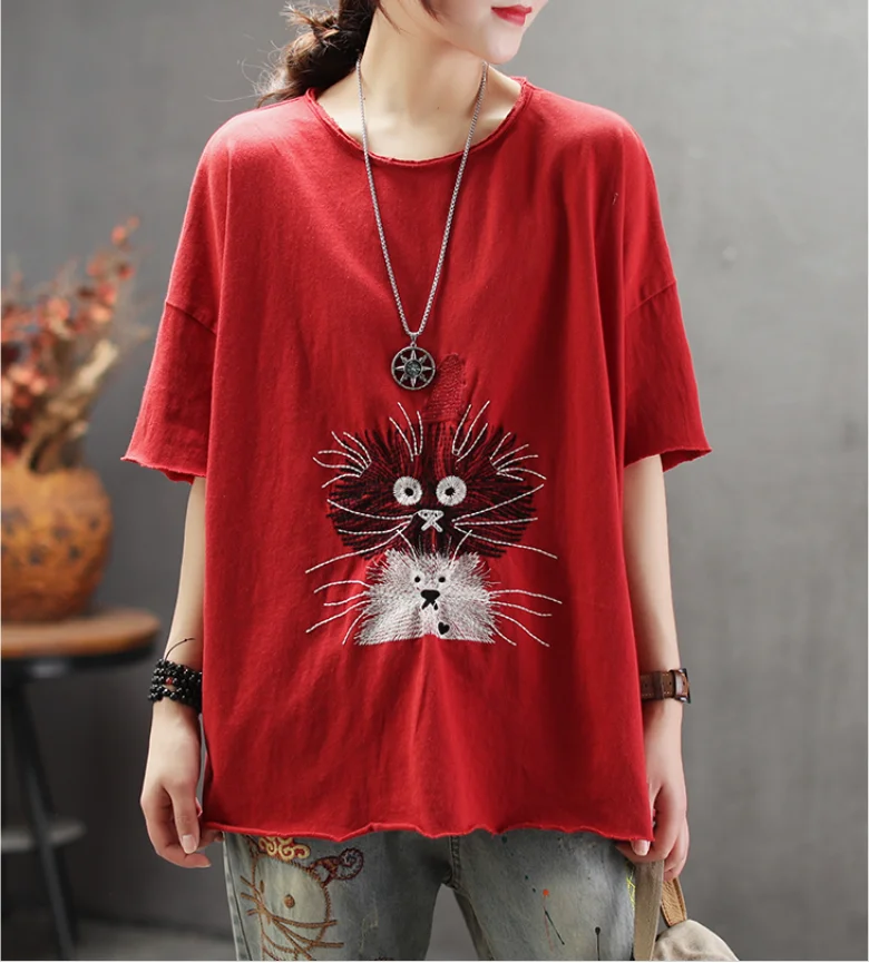 

Summer T-shirt Women Retro Large size Loose Pullovers New Tops O-Neck Short Sleeve Embroidery Ladies Streetwear T-shirt