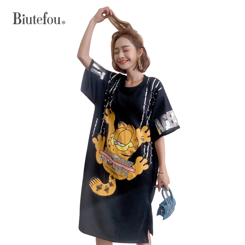 

2019 Spring fashion beading long dresses women cartoon pattern sequined loose dresses