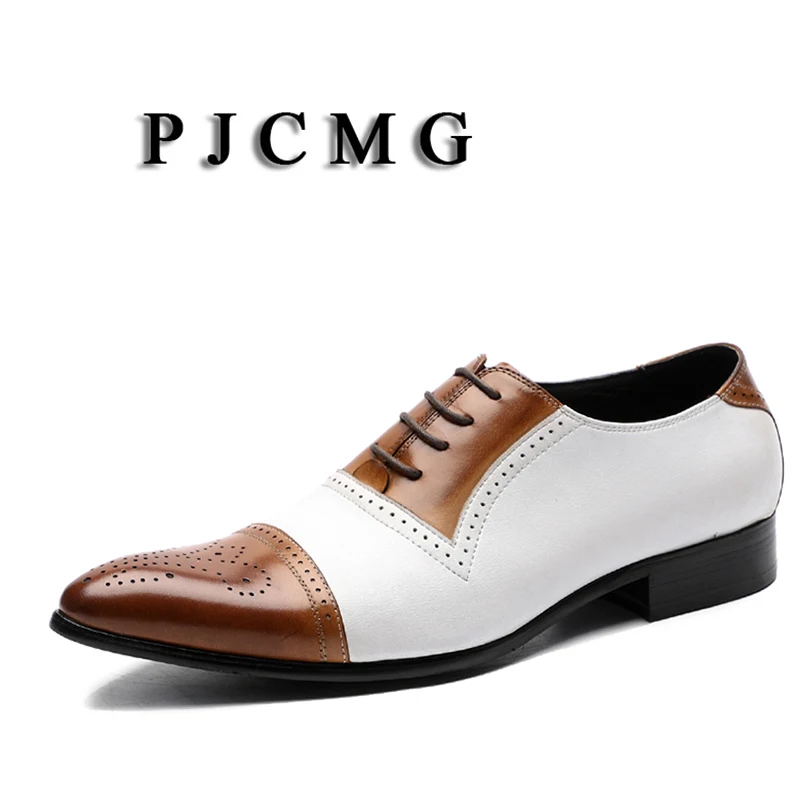 

PJCMG Spring/Autumn Black/Red Oxfords Mens Pointed Toe Lace-Up Genuine Leather Wedding Mens Carved Business Office Shoes