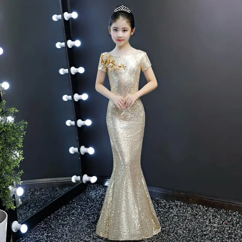 Высококачественное платье с блестками для девочек детское вечернее платье на день рождения, подиум, фортепиано костюм платье русалки Modis vestidos Y1438 - Цвет: Gold