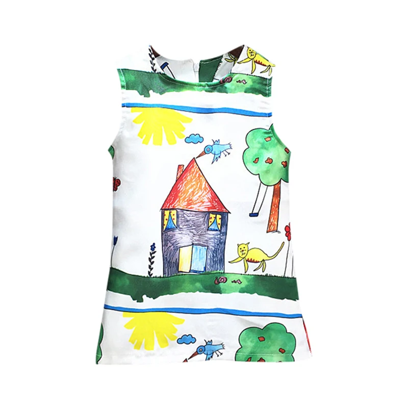 

2017 New Unique Summer Kids Child Girl Dress A Line Doodle Tree O Neck Dresses Party