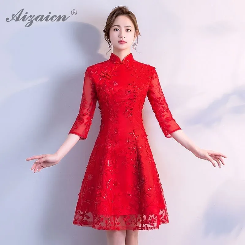 Moda novia corto Cheongsam модерано rojo mujeres boda chino, vestido Qipao estilo Восточное мини vestidos de algodón Qi Pao