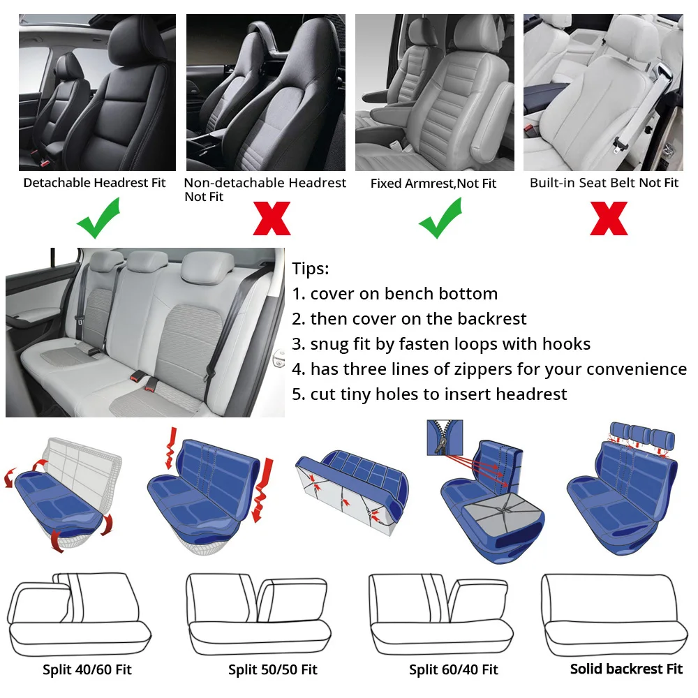 Чехлы для автомобильных сидений из Флокированной ткани+ жаккардовая подушка безопасности, совместимая и раздельная скамейка, сплошной черный цвет, подходит для большинства автомобилей, грузовиков, внедорожников или фургонов
