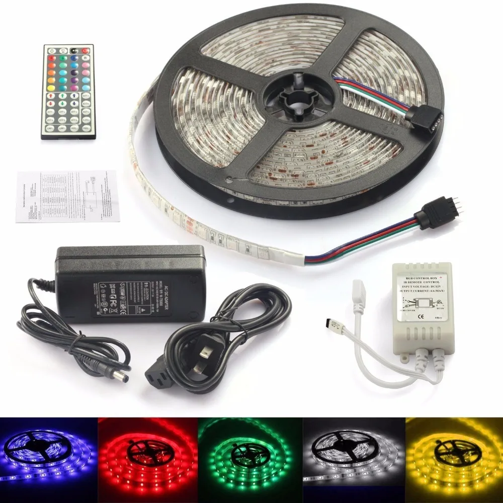 

rgb led strip 5050 fexblie lighting smd 60leds/m dc 12v fita de and 44keygs ir remote control and 3a EU/US adapter plug