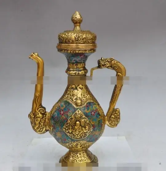 

S02351 14" chinese bronze gilt cloisonne dragon beast people statue Wine Tea Pot Flagon (B0413)
