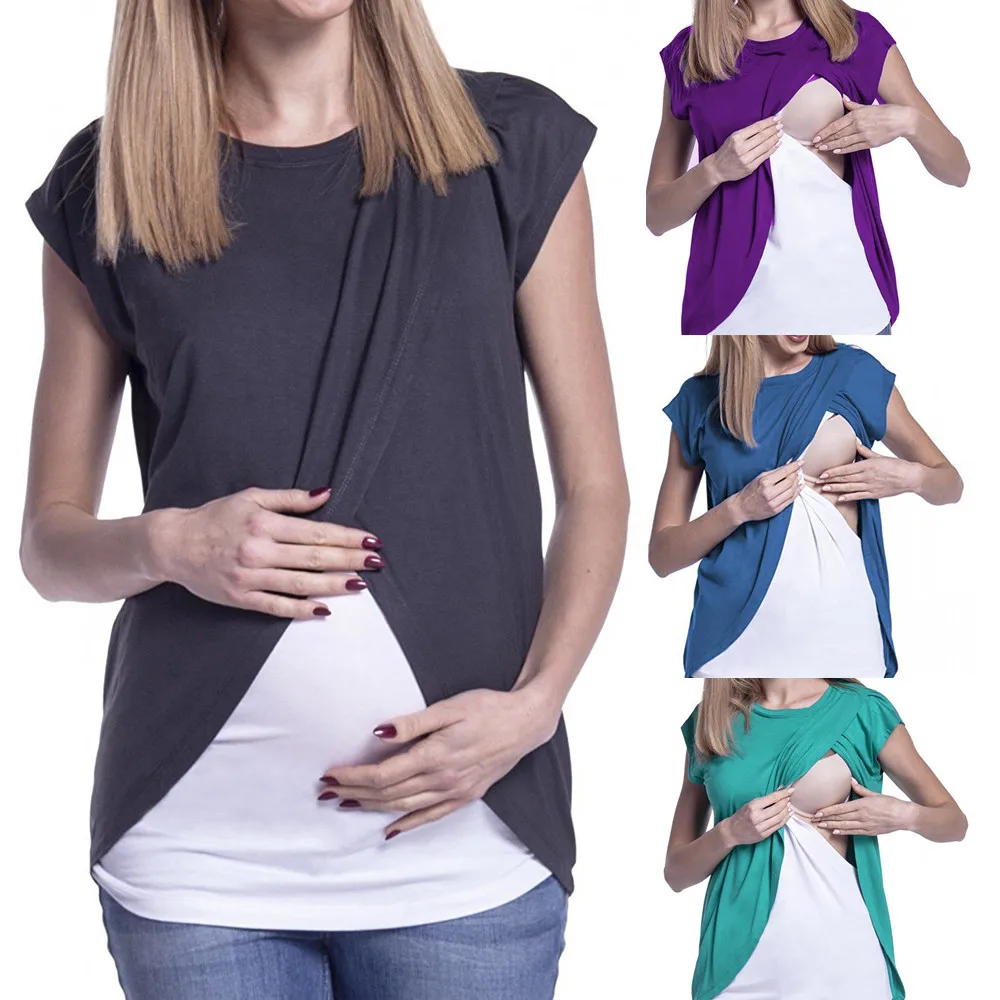 nursing shirt Women's Maternity Nursing Wrap Top Cap Sleeves Double Layer Blouse T Shirt camiseta lactancia6.58gg