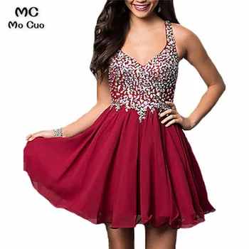 

2016 BlingBling Rhinestone Crystal Maid of Honer Burgundy wedding Guest dress Homecoming Cocktail Party Dress short