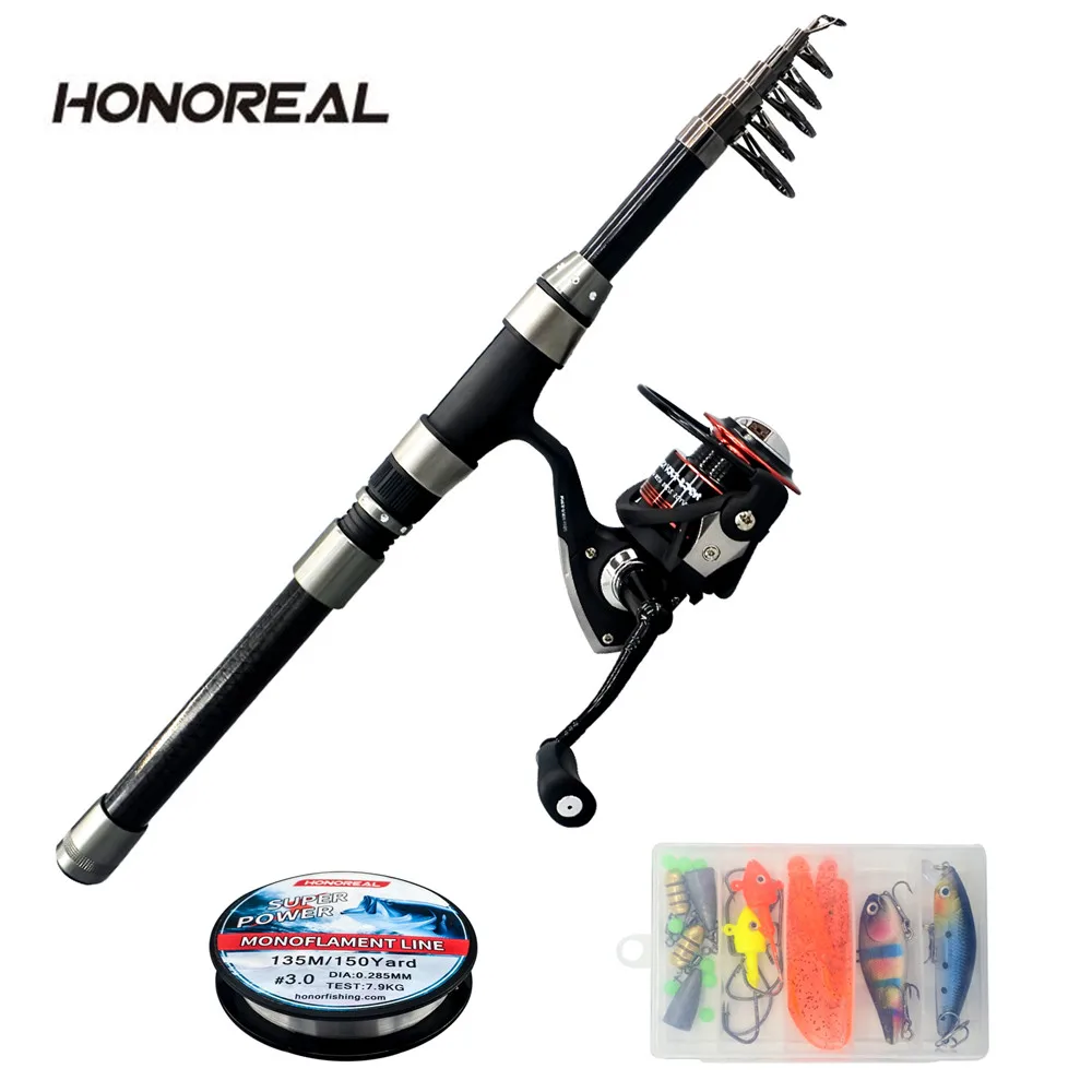 Honoreal المحمولة السفر الكربون تلسكوبي الصيد رود بكرة إغراء كومبو يشبع عدة الغزل بكرة قضيب خط