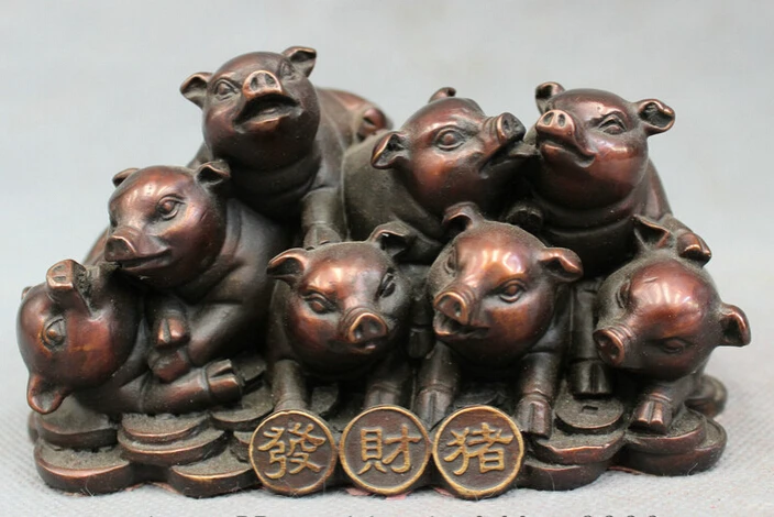 

S3208 Chinese Pure Bronze Folk Year Zodiac Wealth 7 Fu Pig On Coin Statue Animals D0317
