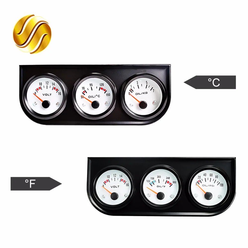 

Dragon Gauge Car Triple Gauge Kit 52mm Voltage + Oil Temperature Celsius /Fahrenheit + Oil Press KG / PSI 3-In-1 Kit Black Bezel