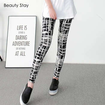 

Beauty Stay Women Leggings Workout Casual High Waist Black and White Printed Abstract Grid Milk Silk Ankle-Length Girl Pants