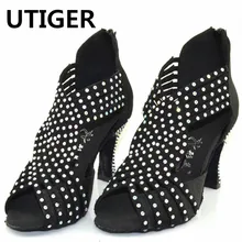 Женские Стразы обувь для латинских бальных танцев девушки современный Танго танцевальная обувь квадратный каблук черный кофе цвет Женская танцевальная обувь