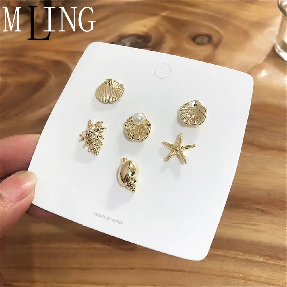 

MLING 6 Pcs/Set Bohemian Ocean Earring Vintage Starfish Scallop Conch Pearl Stud Earrings Set For Women