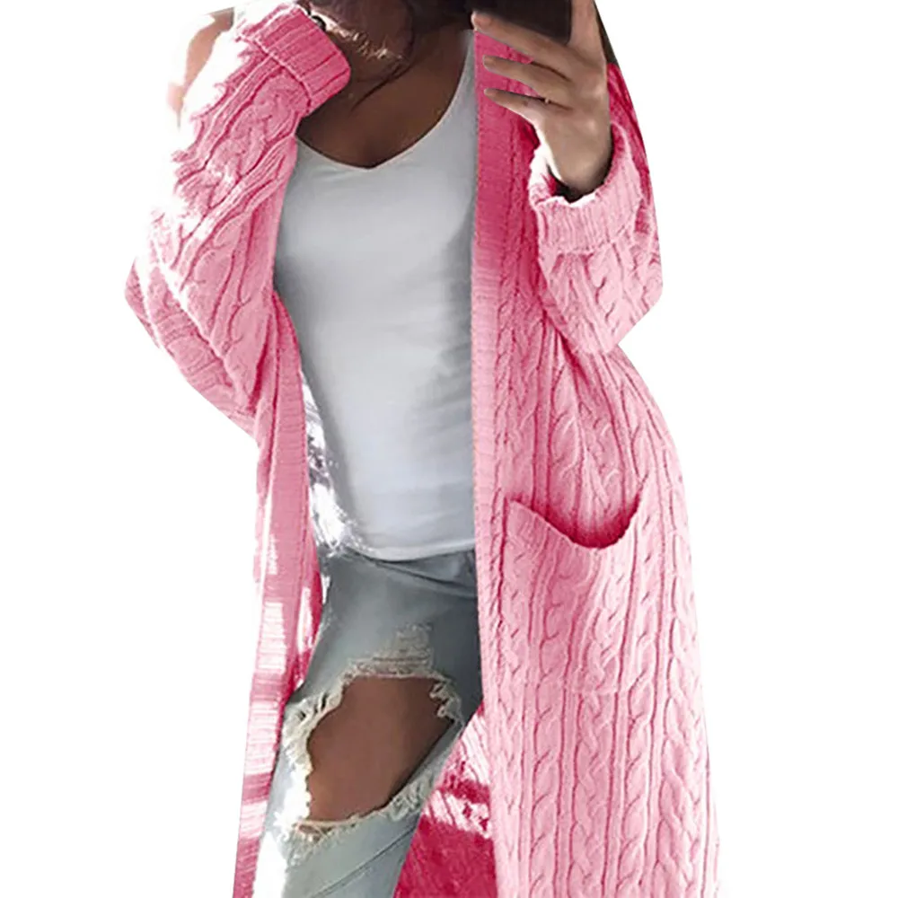 Кимоно Кардиган пальто женщин s Джемпер карманы свитер женщин теплый свитер толстый вязаный женский свитер зимняя одежда женщин - Цвет: Pink