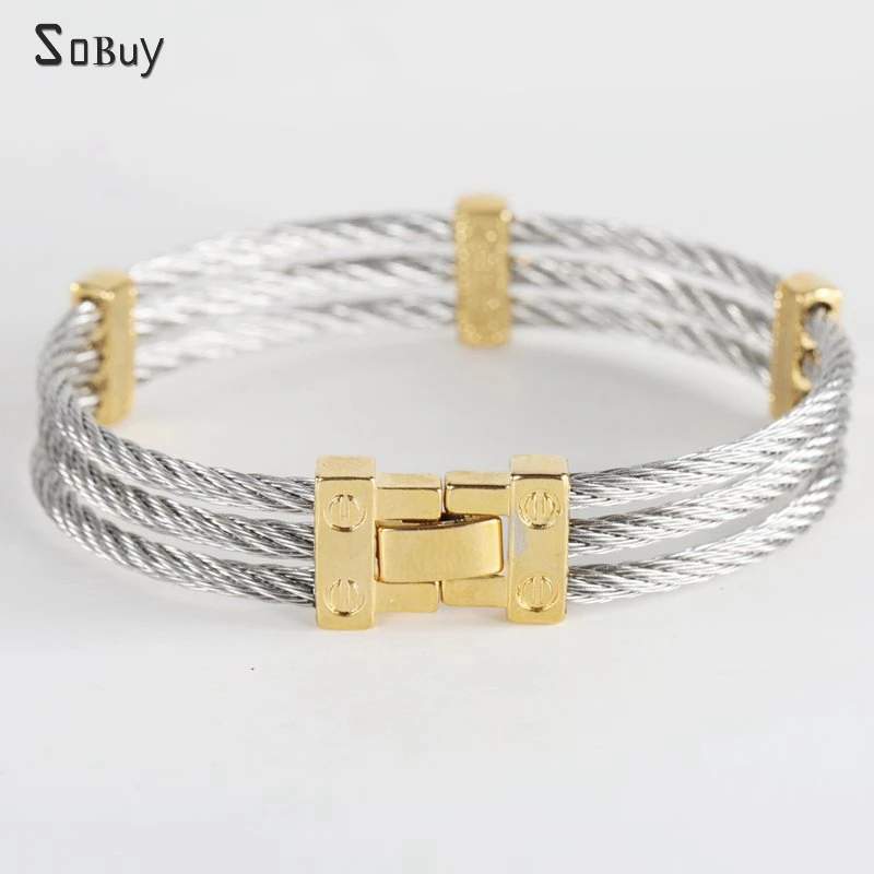 Brand Fashion Male Braid Stainless Steel Bracelets Men Women Bangles Classic Silver Lock 3 Rows