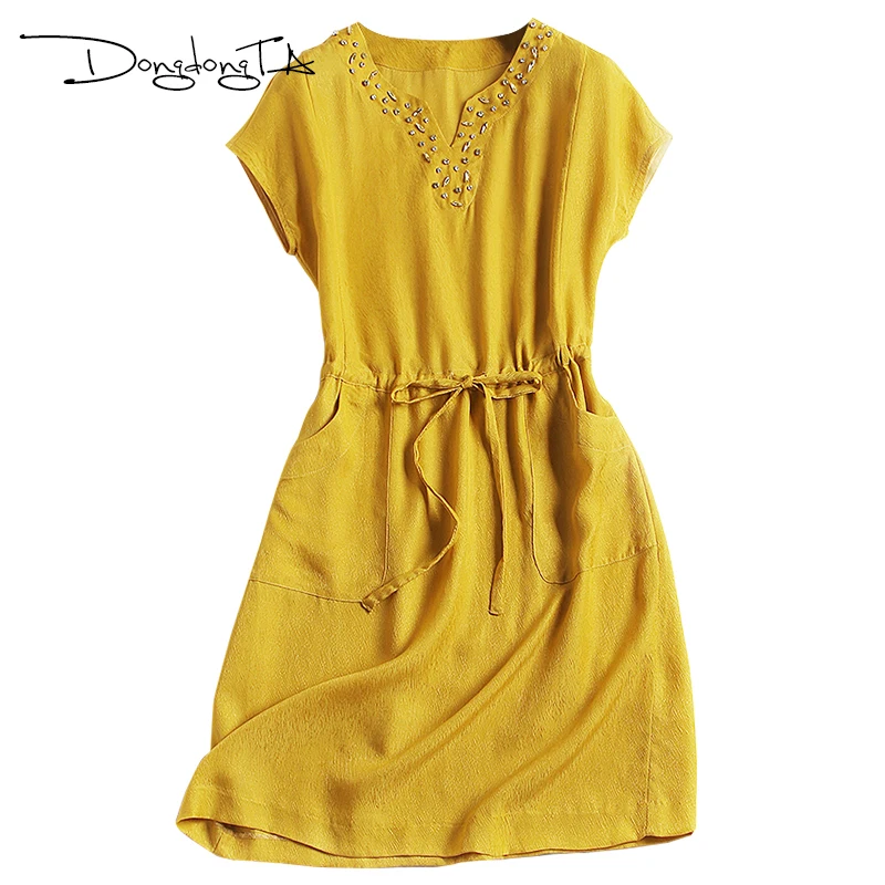 Wholesale DONGDONGTA 2017 Woman Summer Dress Plus Size Silk Dress Female Casual Dress A-Line Short Sleeve Mini Dress V-Neck Diamonds Buy Cheap DONGDONGTA 2017 Woman Summer Dress Plus Size Silk Dress Female Casual Dress A-Line Short Sleeve Mini Dress V-Neck Diamonds