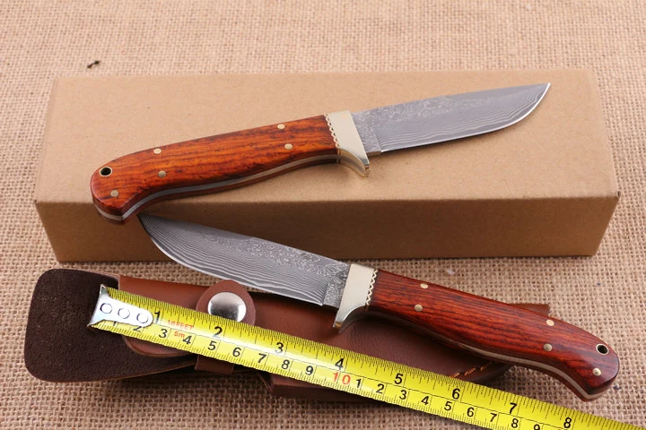 

Collection Knives Damascus Hunting Knife Rosewood Handle Outdoor Camping Knife Utility Tactical Tools Leather Sheath