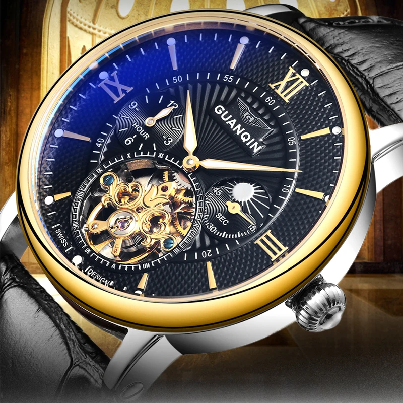 Натуральная GUANQIN Элитный бренд Tourbillon Skeleton световой часы мужские повседневные