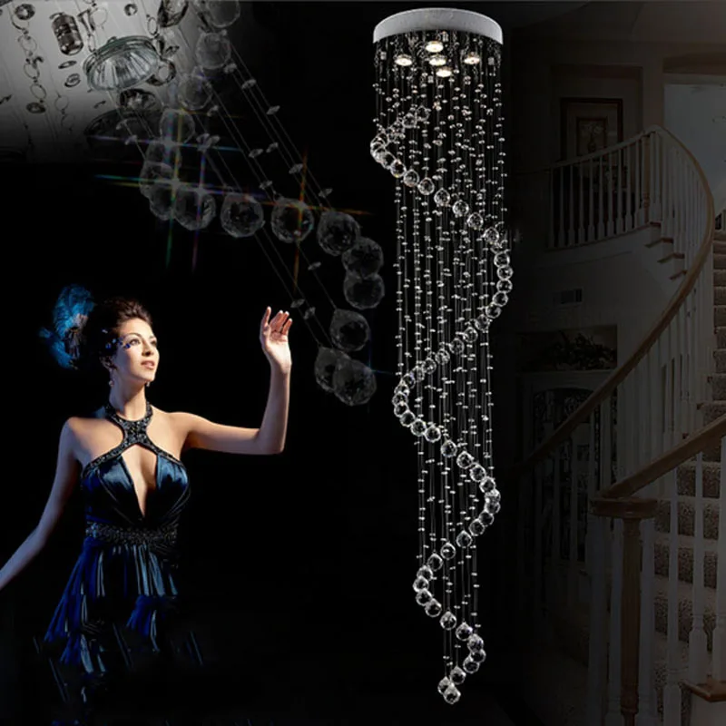 

modern Led European living room lights double staircase crystal chandelier modern round lighting long hanging lamps