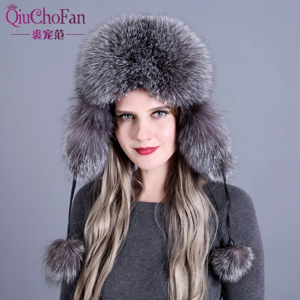 

Russian leather bomber leather hat women winter hats with earmuffs trapper earflap cap women real raccoon fur black fox