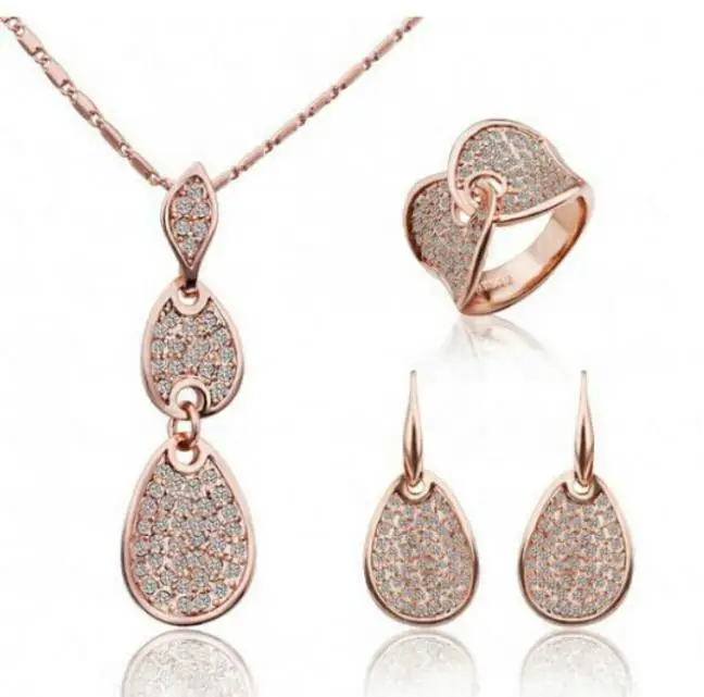 

OMH wholesale fashion 18 KT gold rose water Drops Women girls gift Necklace + Earrings+ ring Jewelry sets TZ105