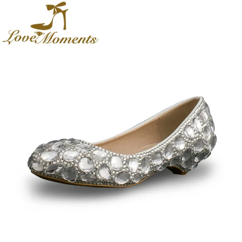 

Fashion Silver Crystal Wedding Shoes 2cm Low Heel Cinderella Prom Pumps Performance Show Event Shoes Cheap Bridesmaid Shoes