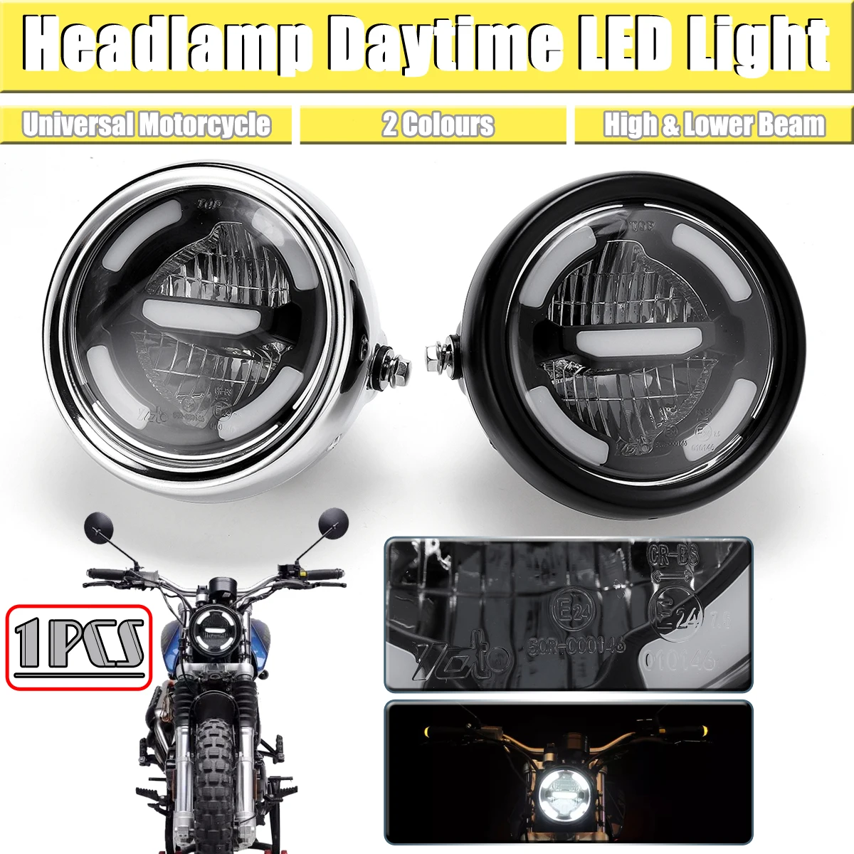 

1Pc Black/Silver Universal Motorcycle Headlamp Day Time Light LED Distance Lamp and Lower Beam Refit Vintage Mocycle Front Light