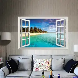 Новое поступление 3D окно декорации красивый морской пляж вид стикер стены Поддельные Окно плакат декоративные плакат обои плакат