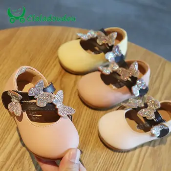 

Claladoudou11-15cm brand cute butterfly baby girls leather shoes soft Pu round toe princess party wedding dress shoes dance shoe