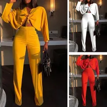 2018 Casual Red Yellow Two Pieces Summer Outfits Lace Up Crop Top High Waist Wide Leg Pant Suit Sexy Women Set 2018 Casual Red Yellow Two Pieces Summer Outfits Lace Up Crop Top High Waist Wide Leg Pant Suit Sexy Women Set