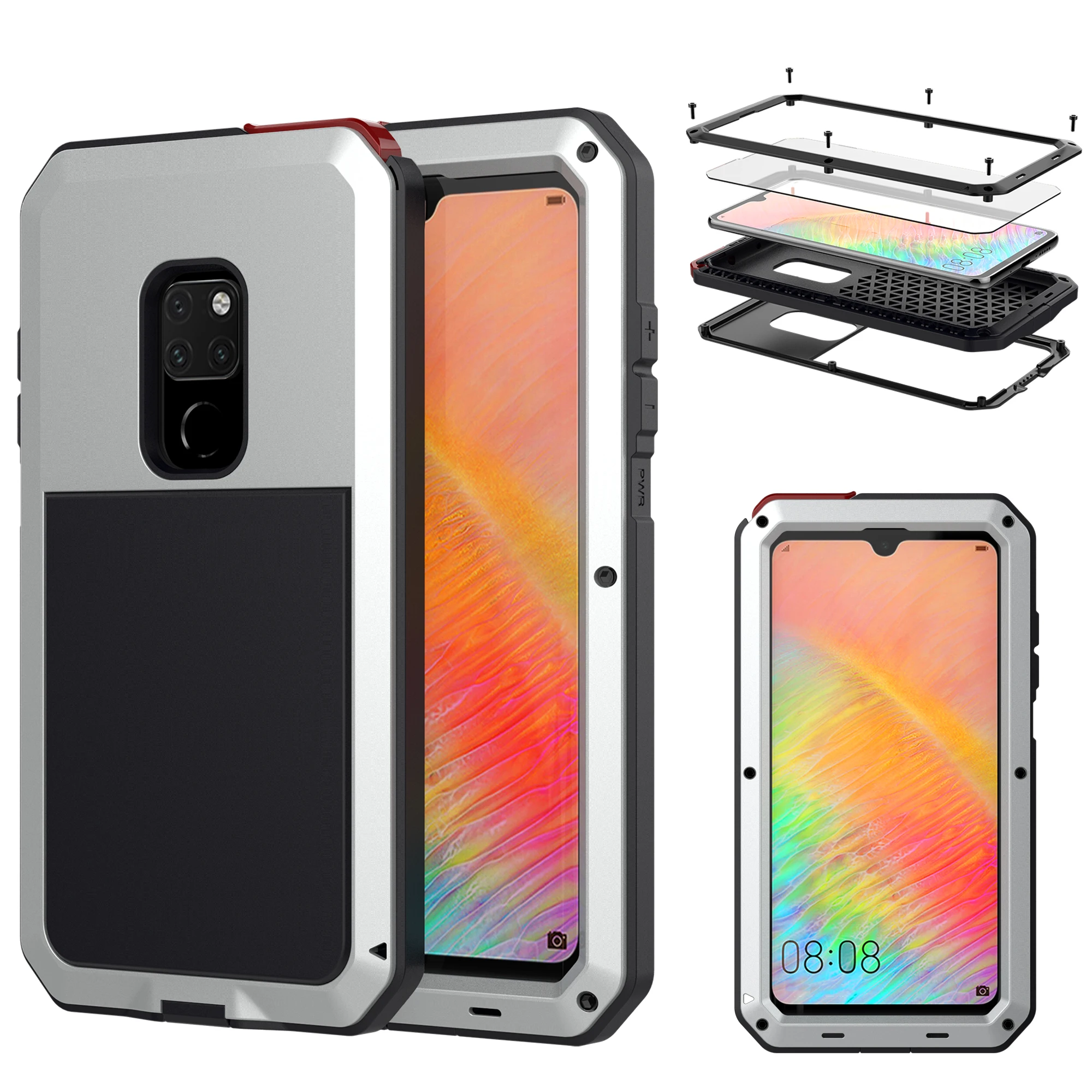 

Heavy Duty Protection Doom armor Metal Aluminum phone Case for Huawei Mate 20 Pro P30 Pro Shockproof Dustproof Cover With Glass