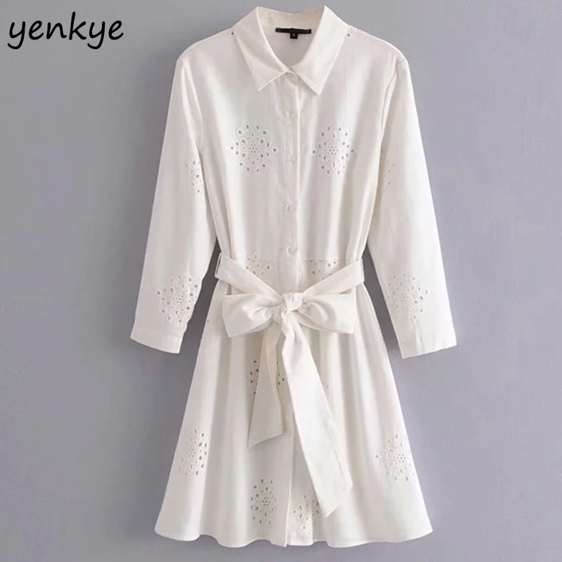 

2019 Women Floral Embroidery White Shirt Dress Feamle Turn-down Collar Long Sleeve With Belt A-line Summer Dress AAZZ9219