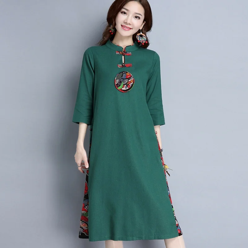 Зеленый Ретро стиль Китайские Восточные платья модифицированные cheongsam женские длинные Ципао из хлопка платье современный qipao платье - Цвет: Зеленый